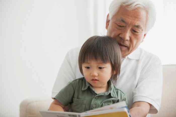 Grandfather reading to his grandson
