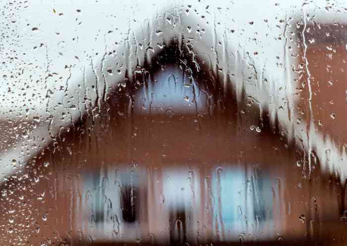 Raindrops sliding down a windowpane