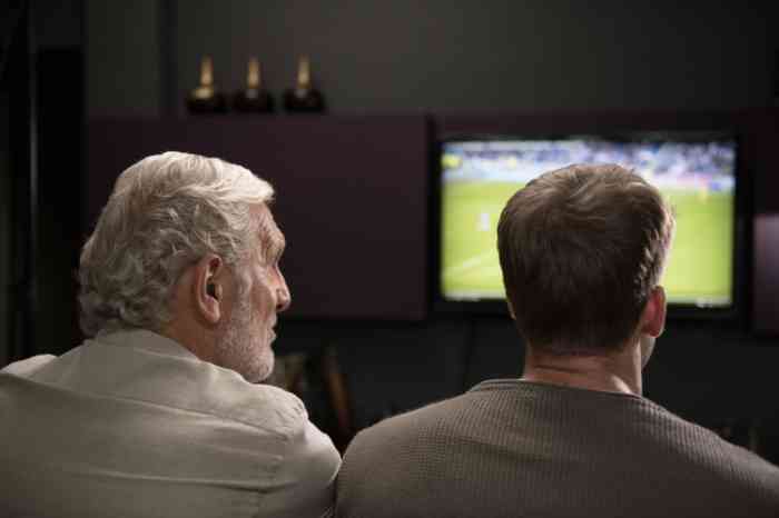 grand-père et petit-fils regardant un match de football.