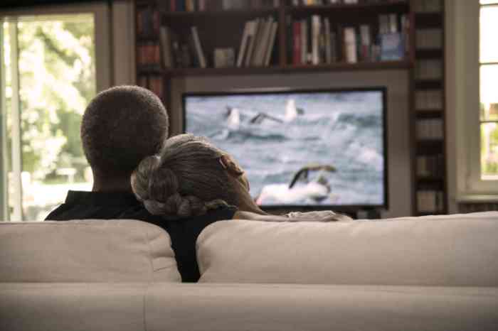 Couple watching TV on their sofa