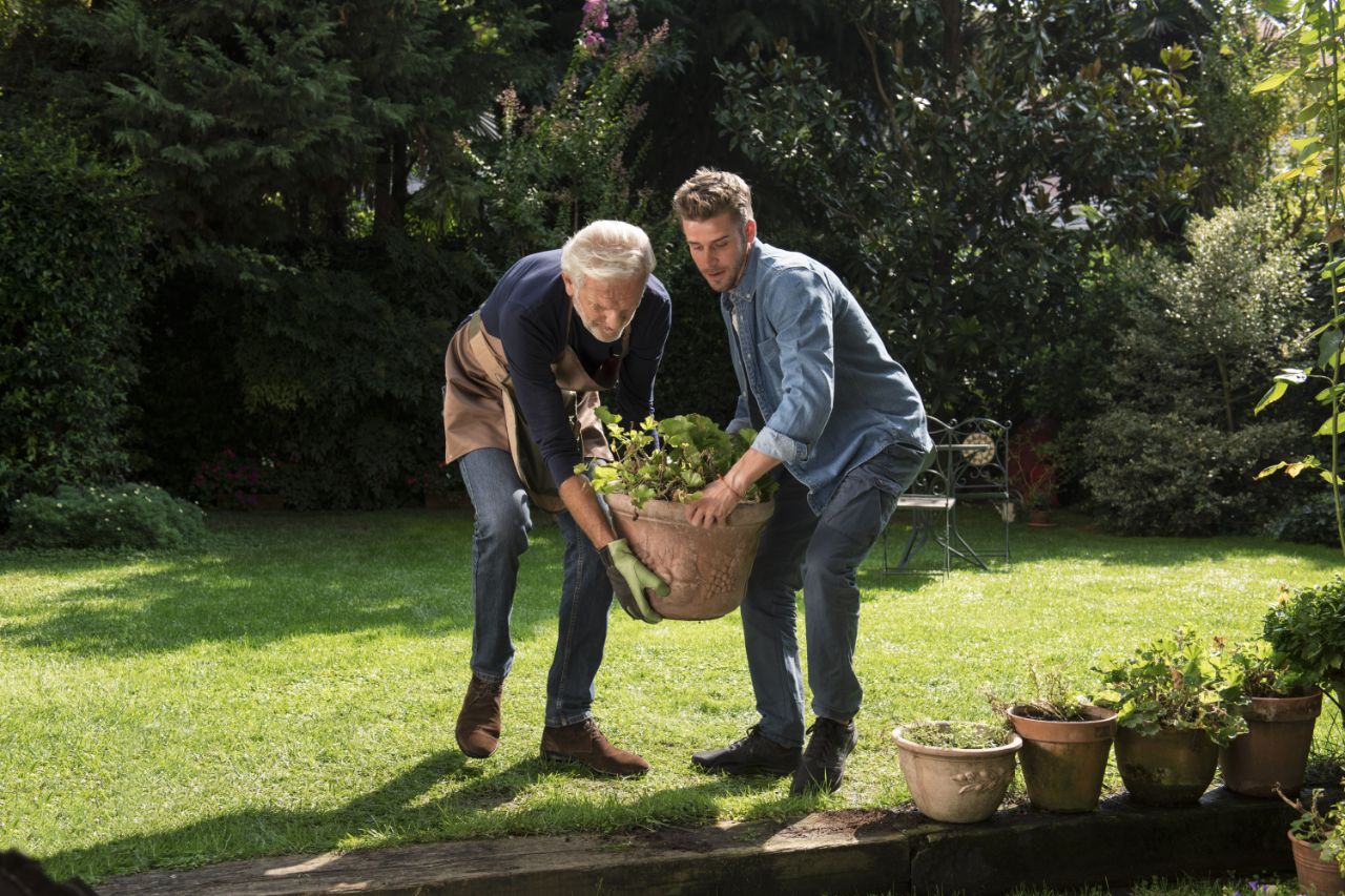 Nonno e nipote fanno giardinaggio