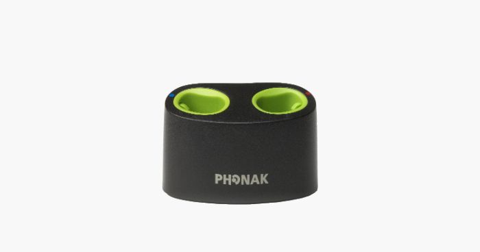 A black mini Phonak charger 